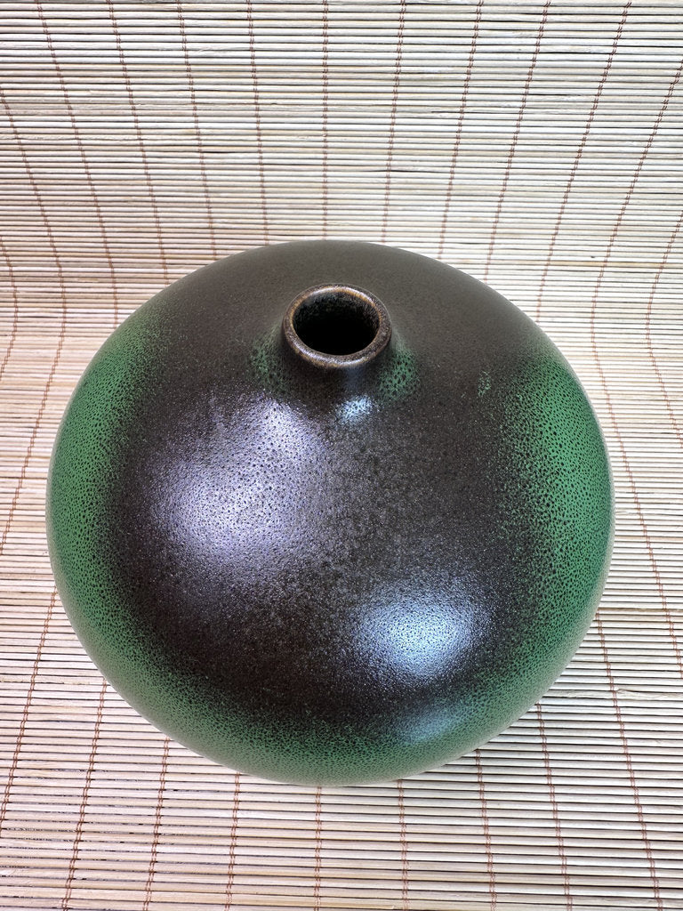 Pair of Modern Ceramic Bottle Vases, Black and Green Glaze, Small Neck Design