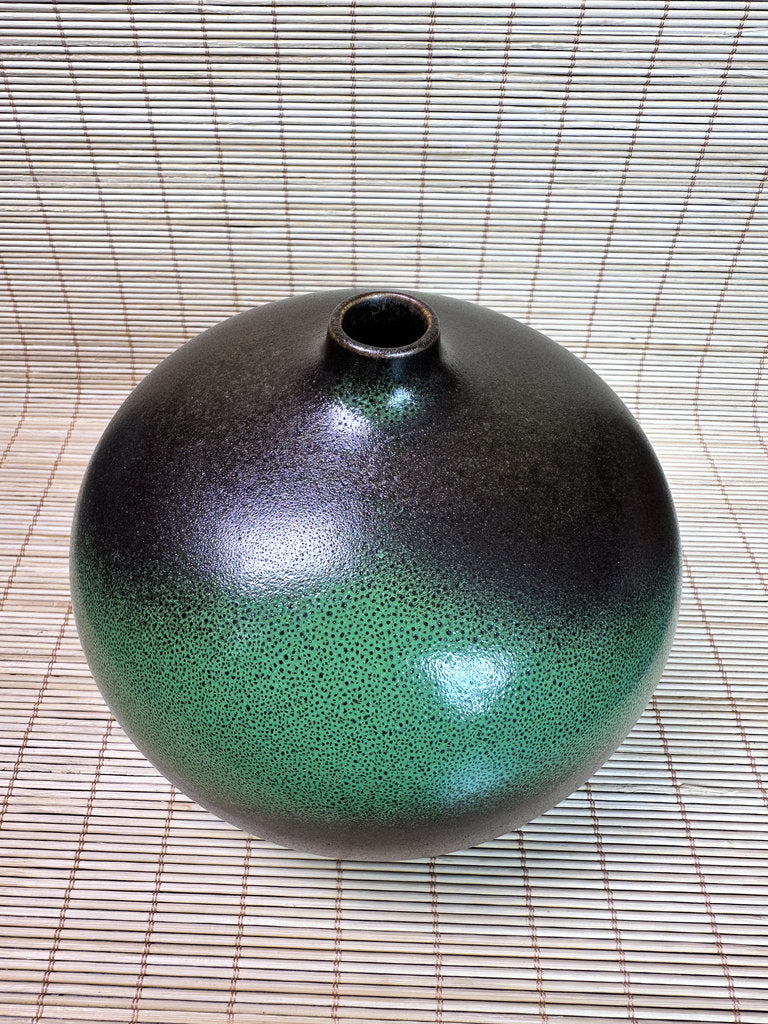 Pair of Modern Ceramic Bottle Vases, Black and Green Glaze, Small Neck Design
