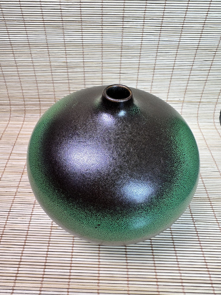 Pair of Modern Ceramic Bottle Vases, Black and Green Glaze, Small Neck Design