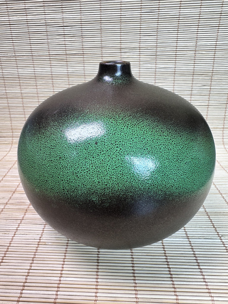 Pair of Modern Ceramic Bottle Vases, Black and Green Glaze, Small Neck Design