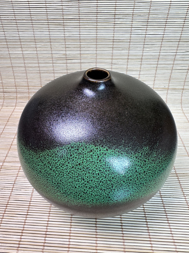 Pair of Modern Ceramic Bottle Vases, Black and Green Glaze, Small Neck Design