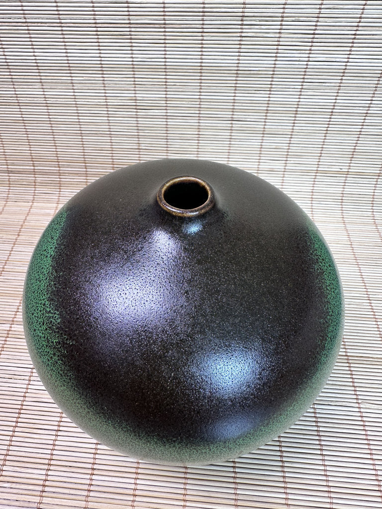 Pair of Modern Ceramic Bottle Vases, Black and Green Glaze, Small Neck Design