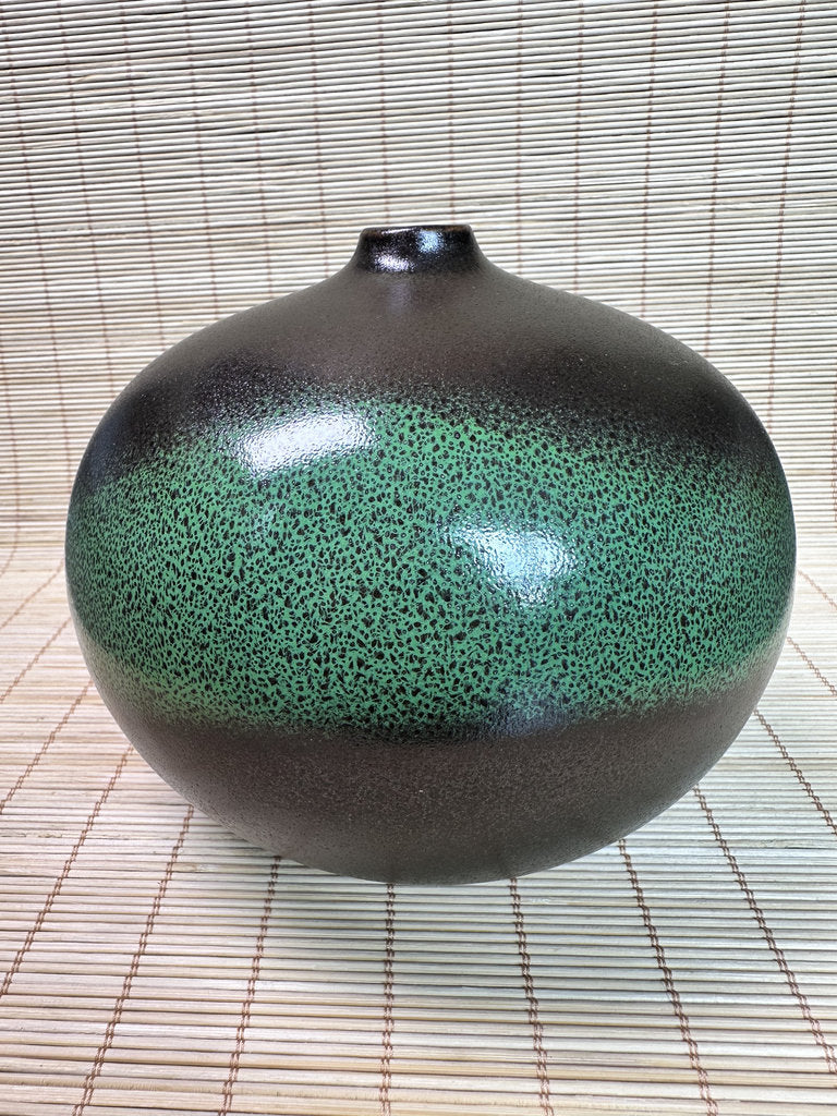 Pair of Modern Ceramic Bottle Vases, Black and Green Glaze, Small Neck Design