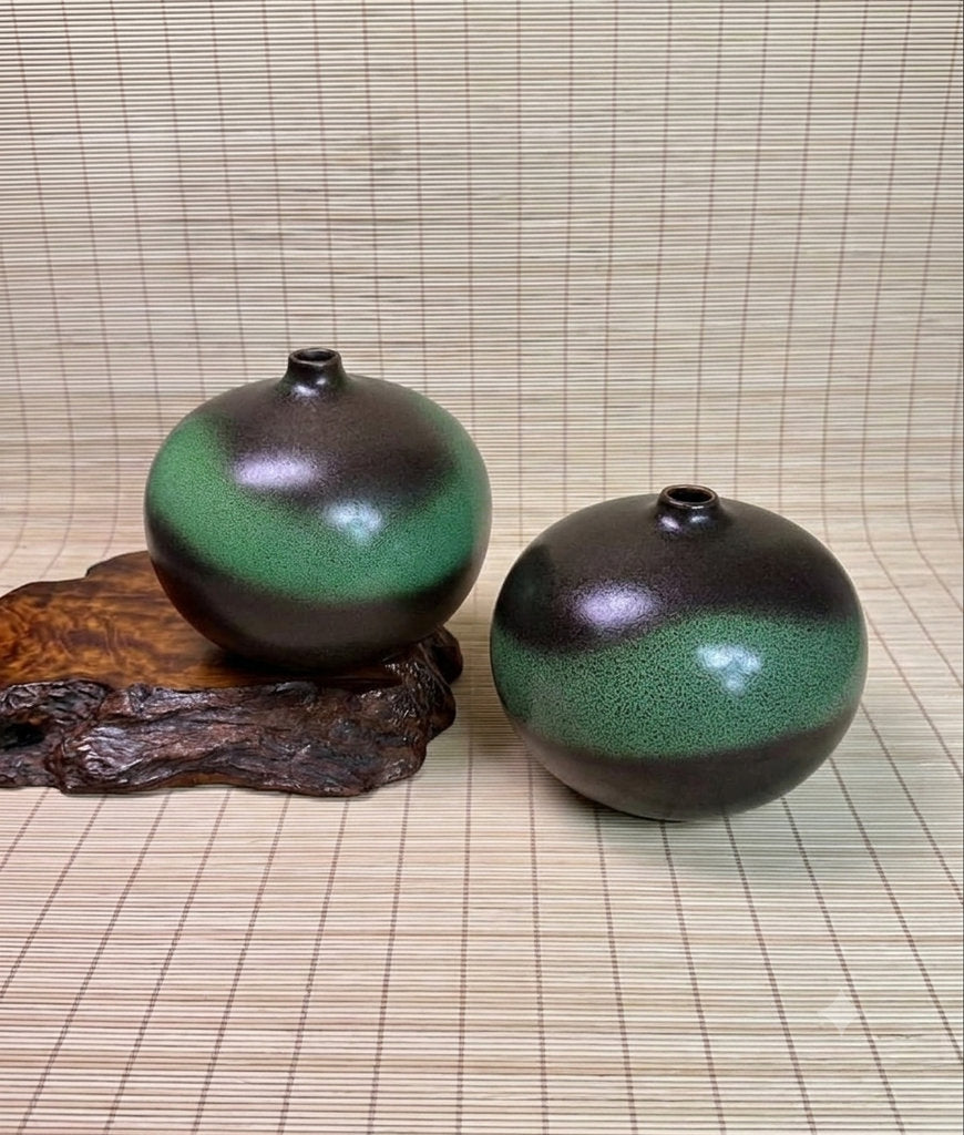 Pair of Modern Ceramic Bottle Vases, Black and Green Glaze, Small Neck Design