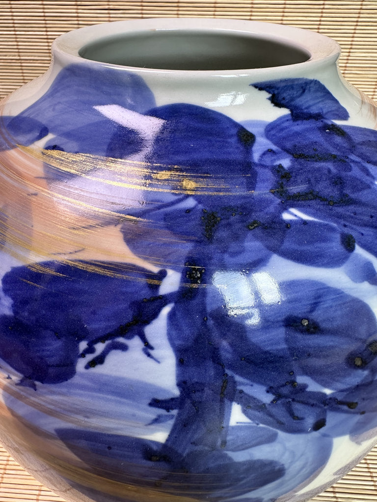 Vintage Japanese Porcelain Vase, Abstract Blue Hydrangea Brushwork, Gold Accent