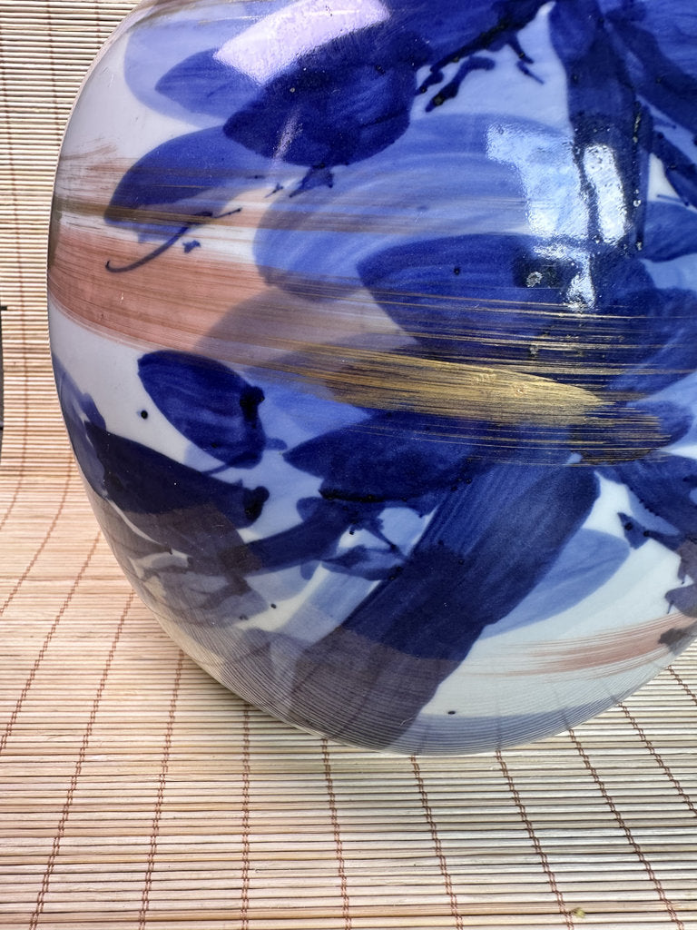 Vintage Japanese Porcelain Vase, Abstract Blue Hydrangea Brushwork, Gold Accent