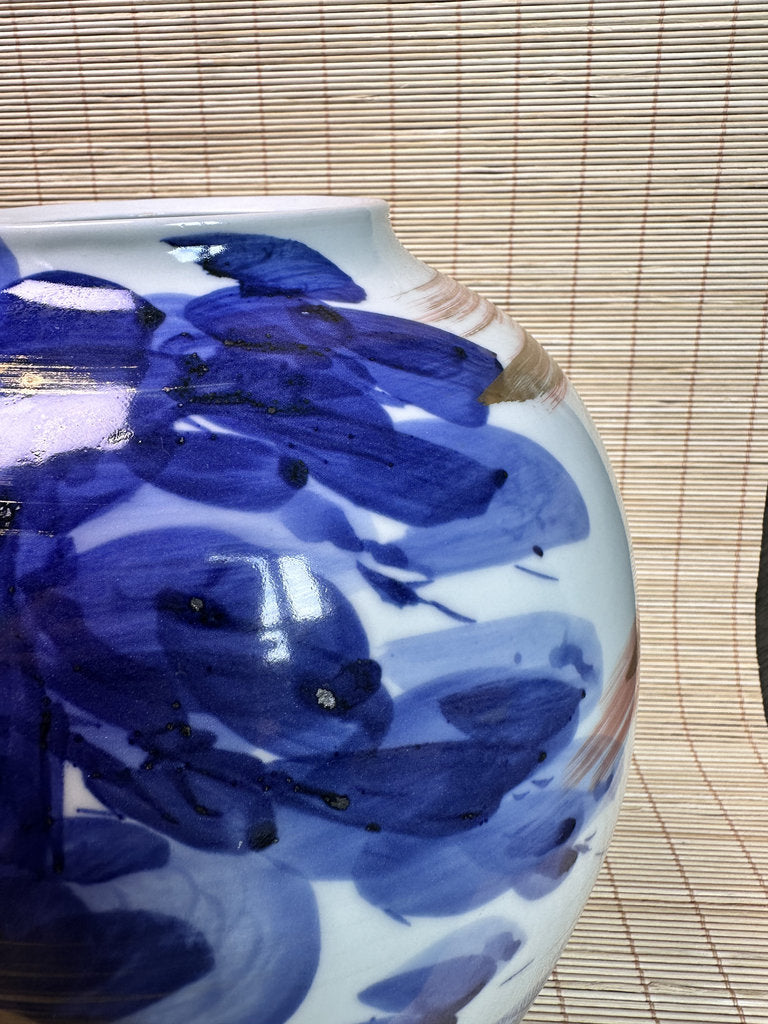 Vintage Japanese Porcelain Vase, Abstract Blue Hydrangea Brushwork, Gold Accent