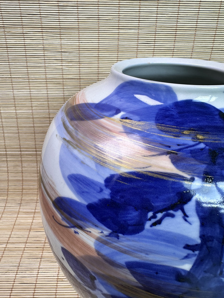 Vintage Japanese Porcelain Vase, Abstract Blue Hydrangea Brushwork, Gold Accent