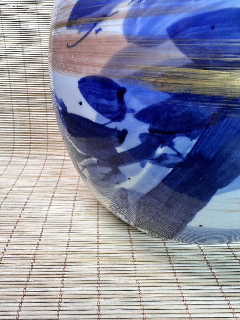 Vintage Japanese Porcelain Vase, Abstract Blue Hydrangea Brushwork, Gold Accent