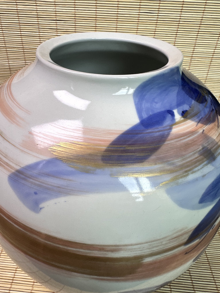 Vintage Japanese Porcelain Vase, Abstract Blue Hydrangea Brushwork, Gold Accent