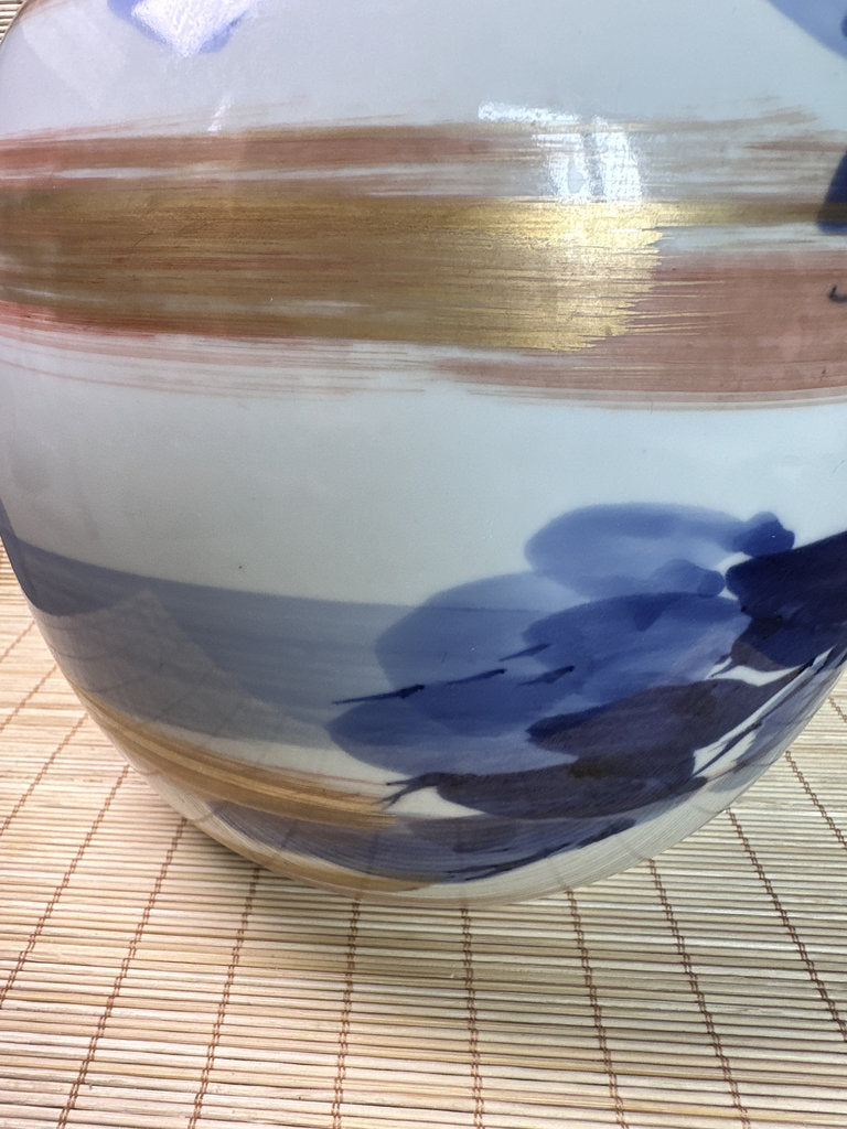 Vintage Japanese Porcelain Vase, Abstract Blue Hydrangea Brushwork, Gold Accent