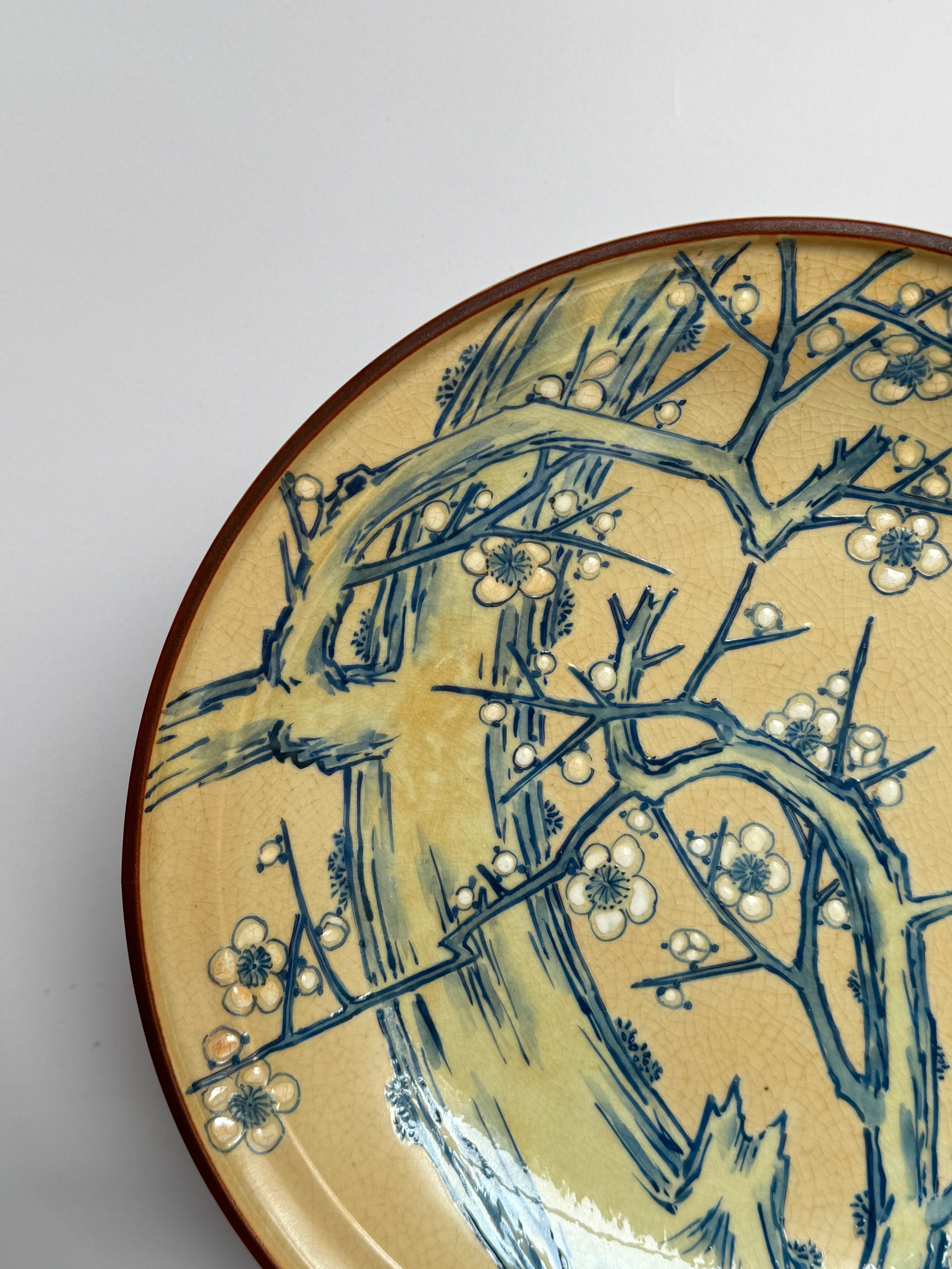 Kutani Decorative Plate – Hand Painted Blue Plum Blossoms on Yellow Glaze