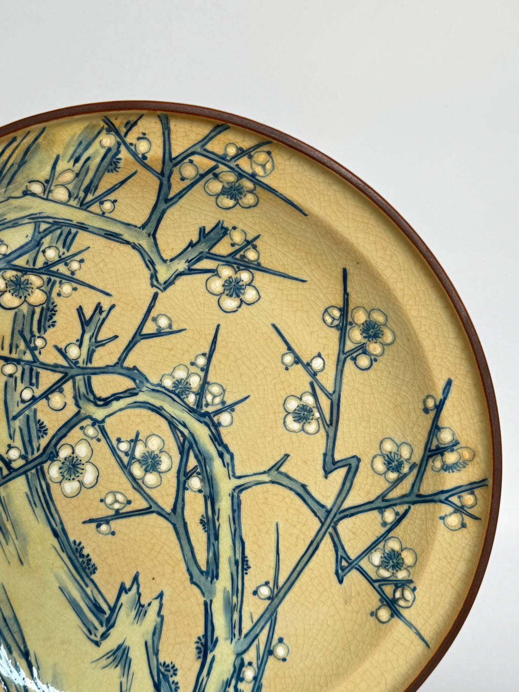 Kutani Decorative Plate – Hand Painted Blue Plum Blossoms on Yellow Glaze