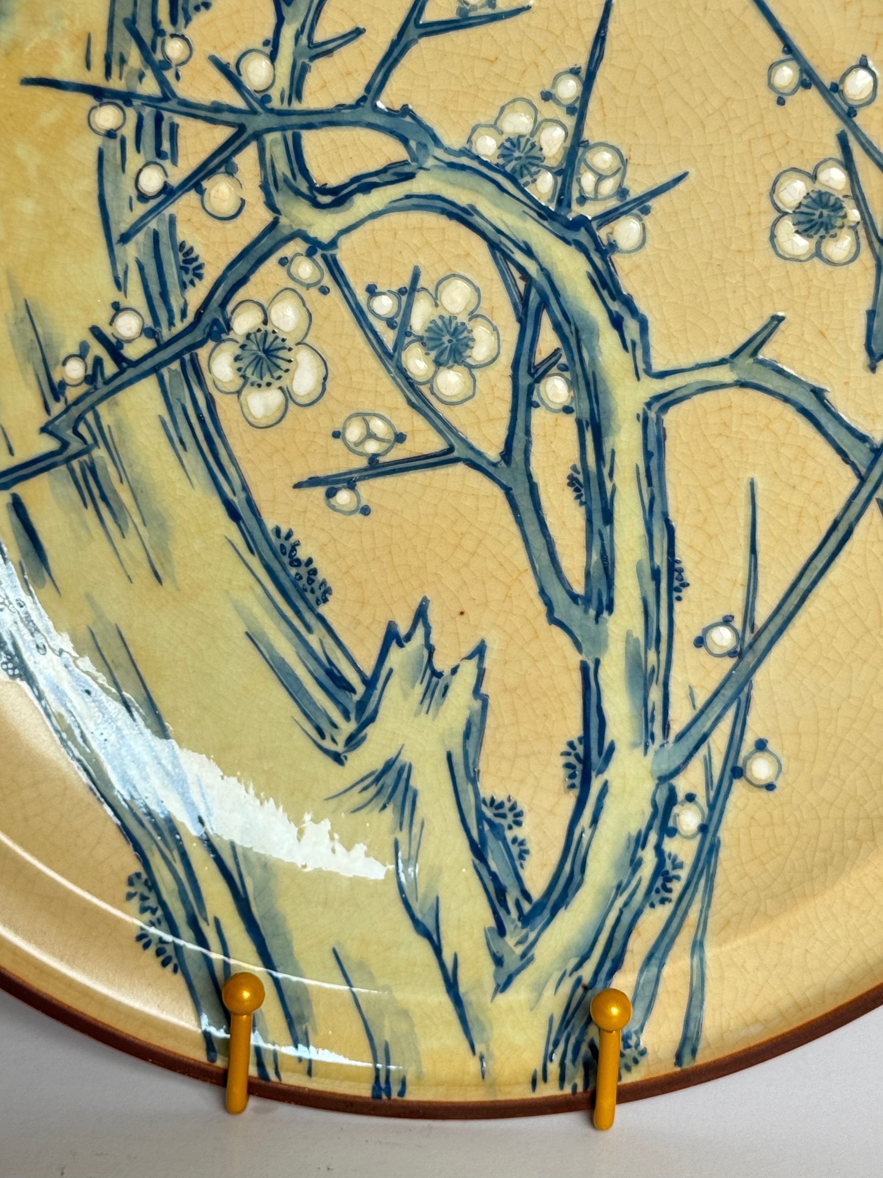 Kutani Decorative Plate – Hand Painted Blue Plum Blossoms on Yellow Glaze