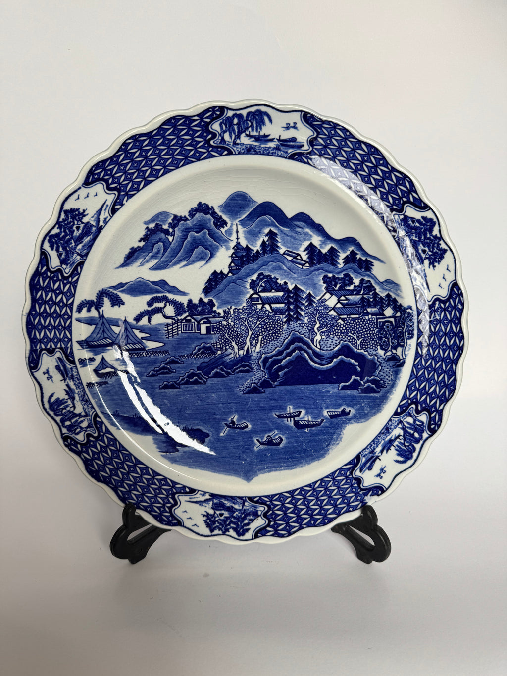 Arita Blue Glaze Scenic Plate – Hand-Painted Japanese Ceramic Art