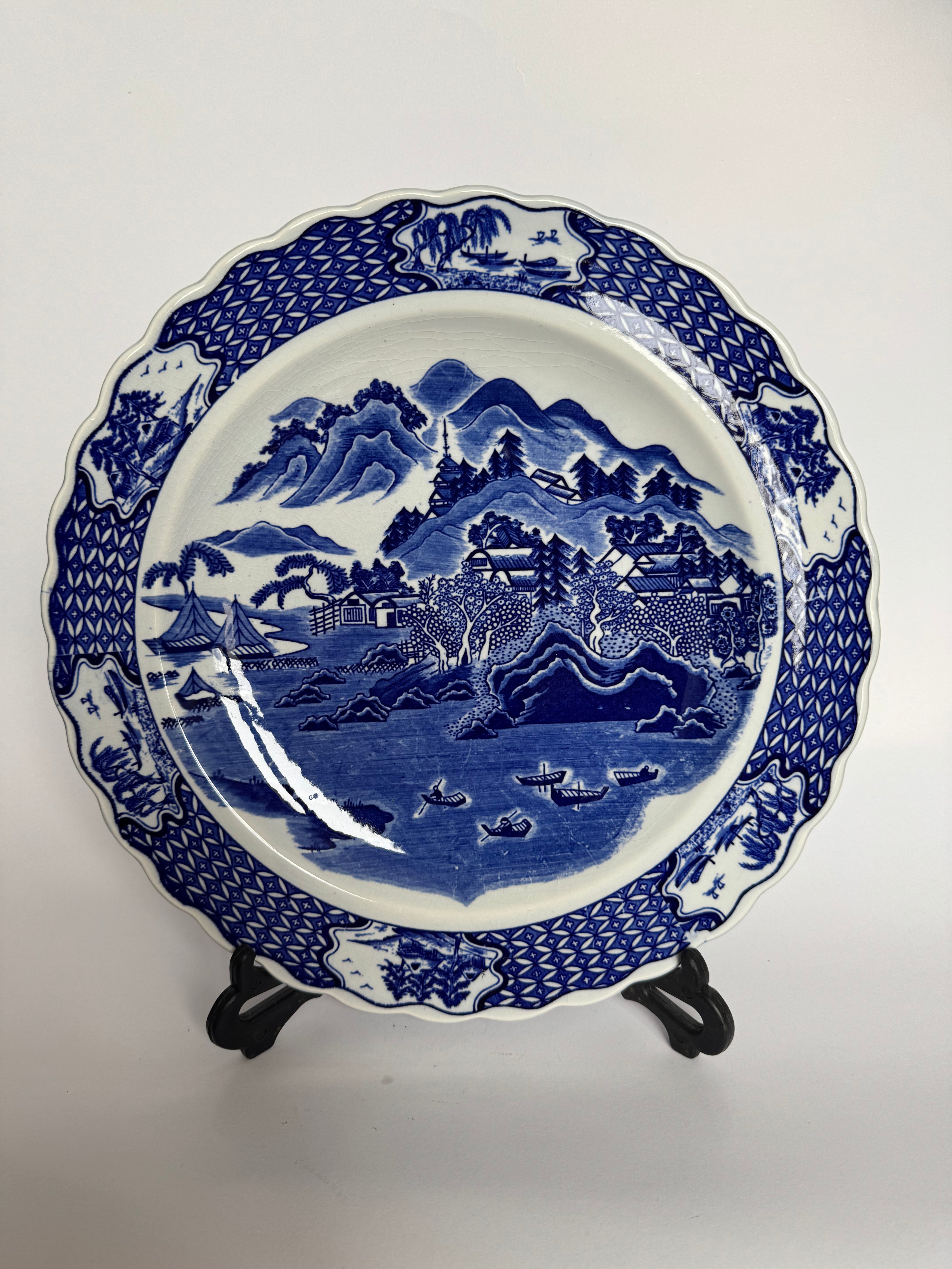 Arita Blue Glaze Scenic Plate – Hand-Painted Japanese Ceramic Art