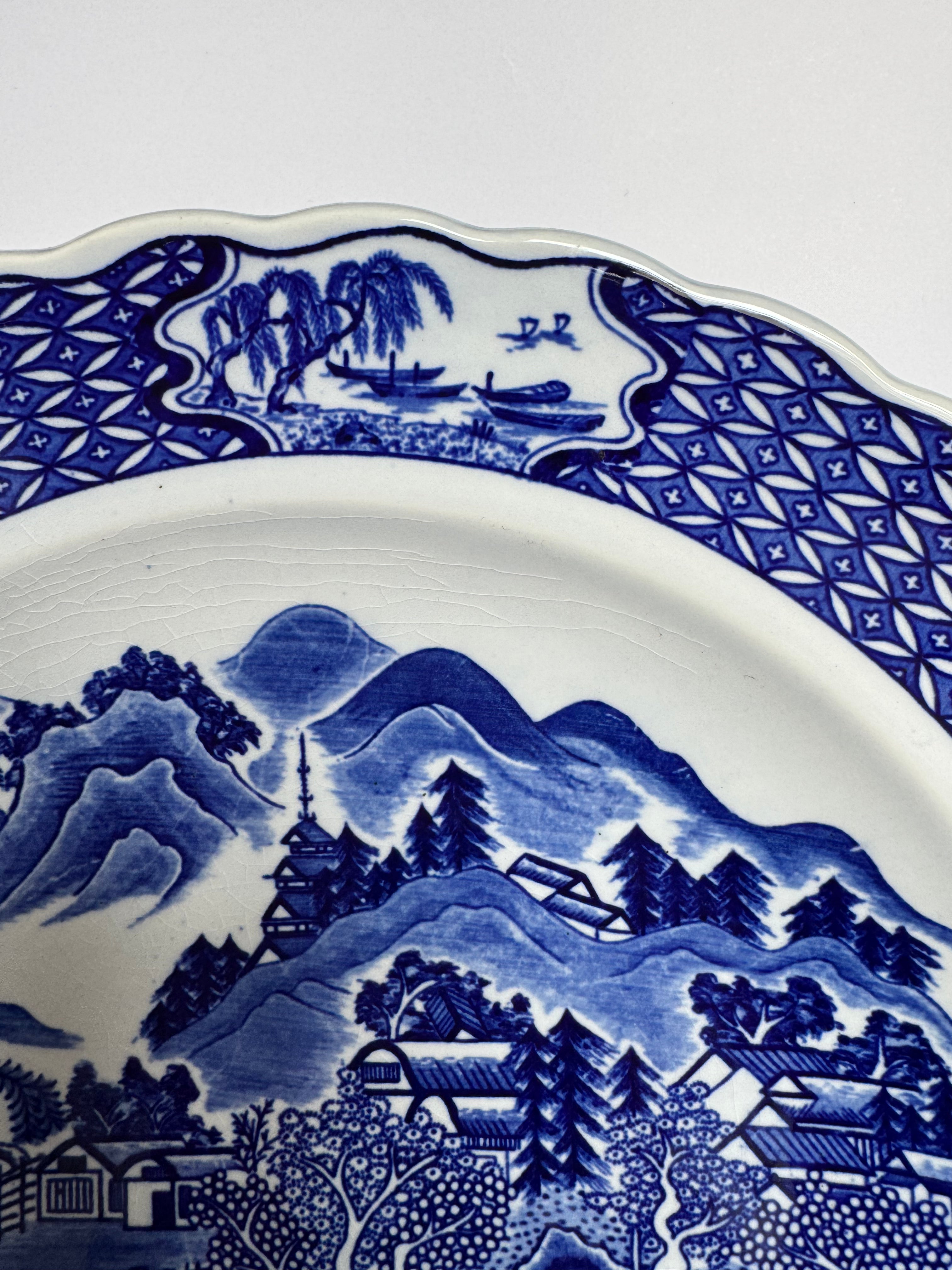 Arita Blue Glaze Scenic Plate – Hand-Painted Japanese Ceramic Art