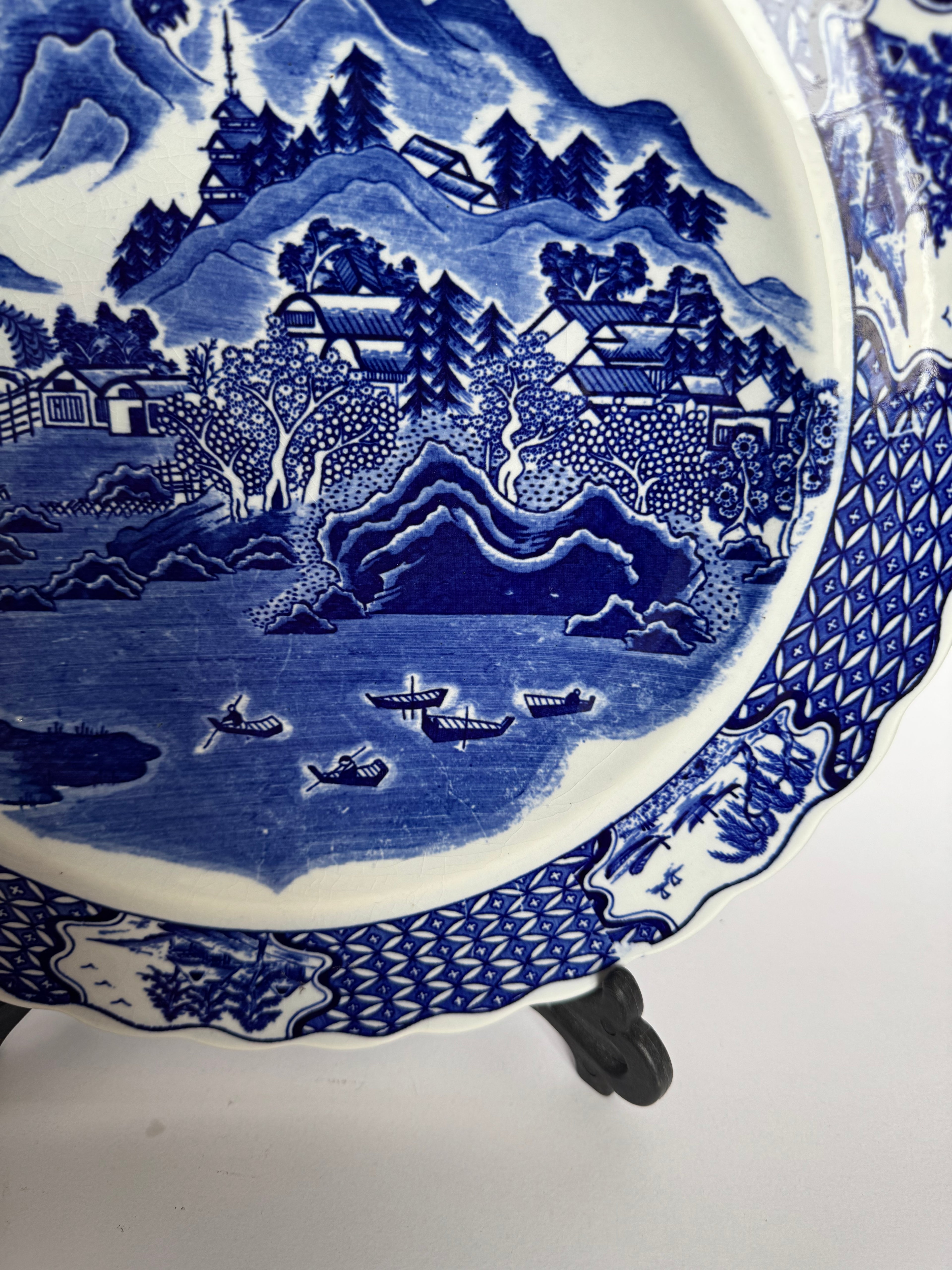 Arita Blue Glaze Scenic Plate – Hand-Painted Japanese Ceramic Art