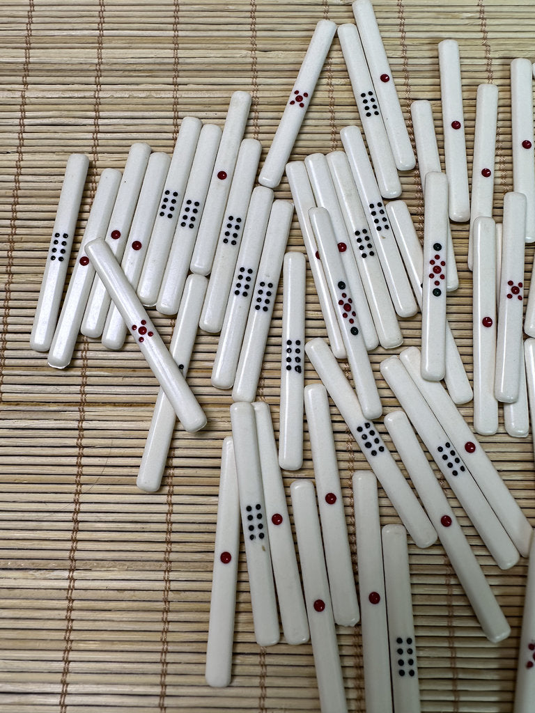 Vintage Japanese Mahjong Set, Hand-Carved Bone Tiles, Display Collectible