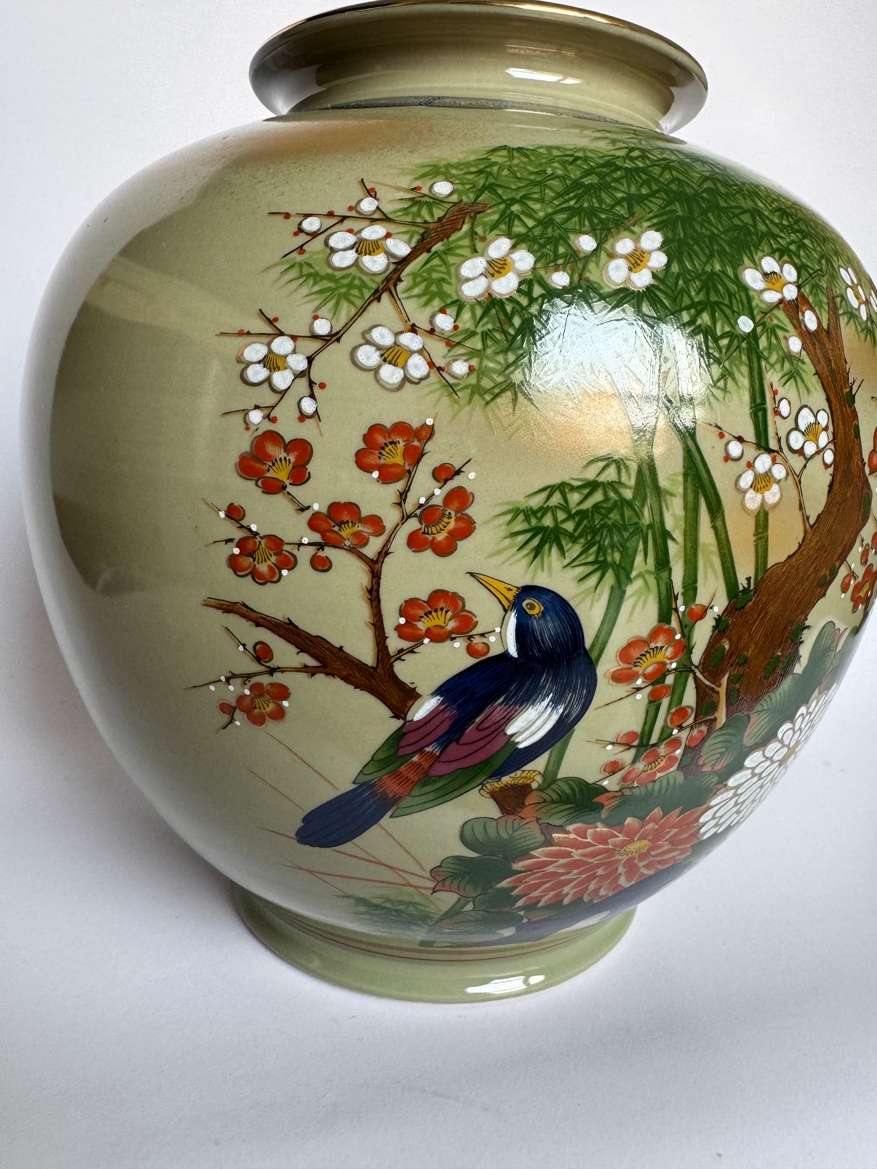 Kutani Hand Painted Vase with Bird & Four Seasons Flowers – Japanese Art Pottery