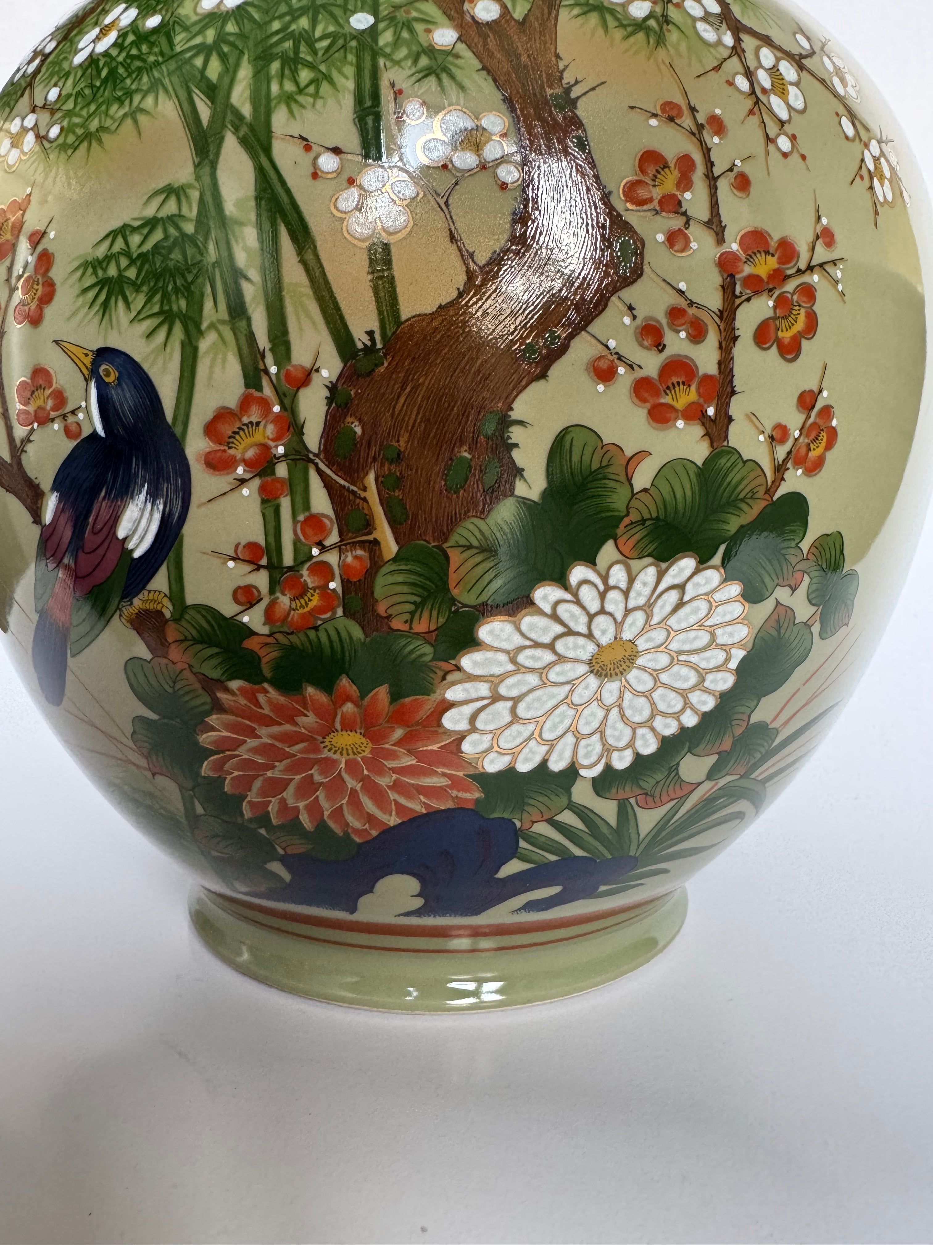 Kutani Hand Painted Vase with Bird & Four Seasons Flowers – Japanese Art Pottery