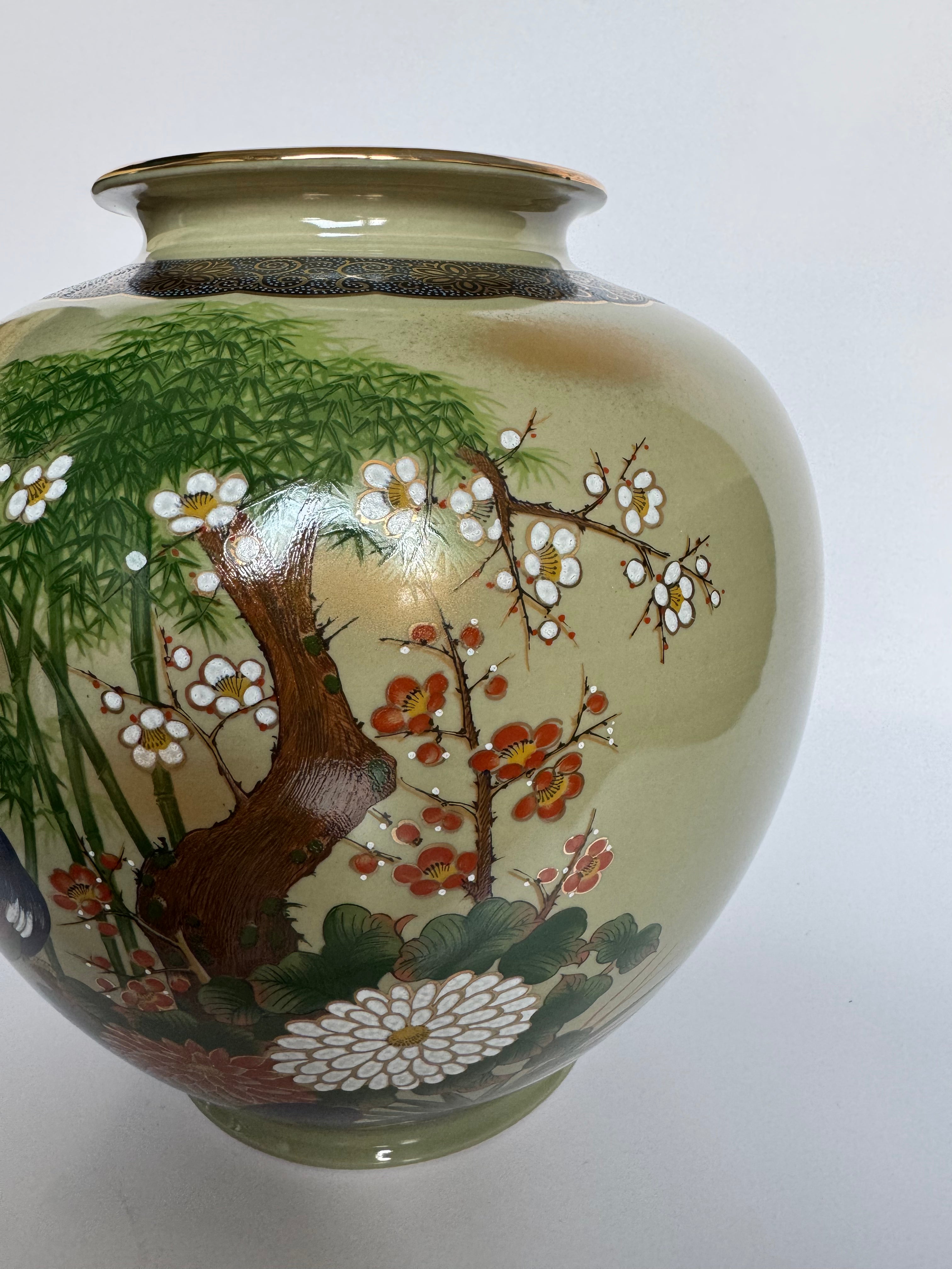 Kutani Hand Painted Vase with Bird & Four Seasons Flowers – Japanese Art Pottery