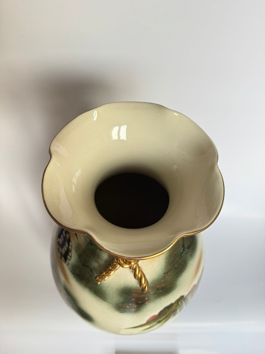 Vintage Meiji Satsuma Vase – Eagle & Pagoda Landscape, Rope-Neck Bag Form, Hand-Painted Gold