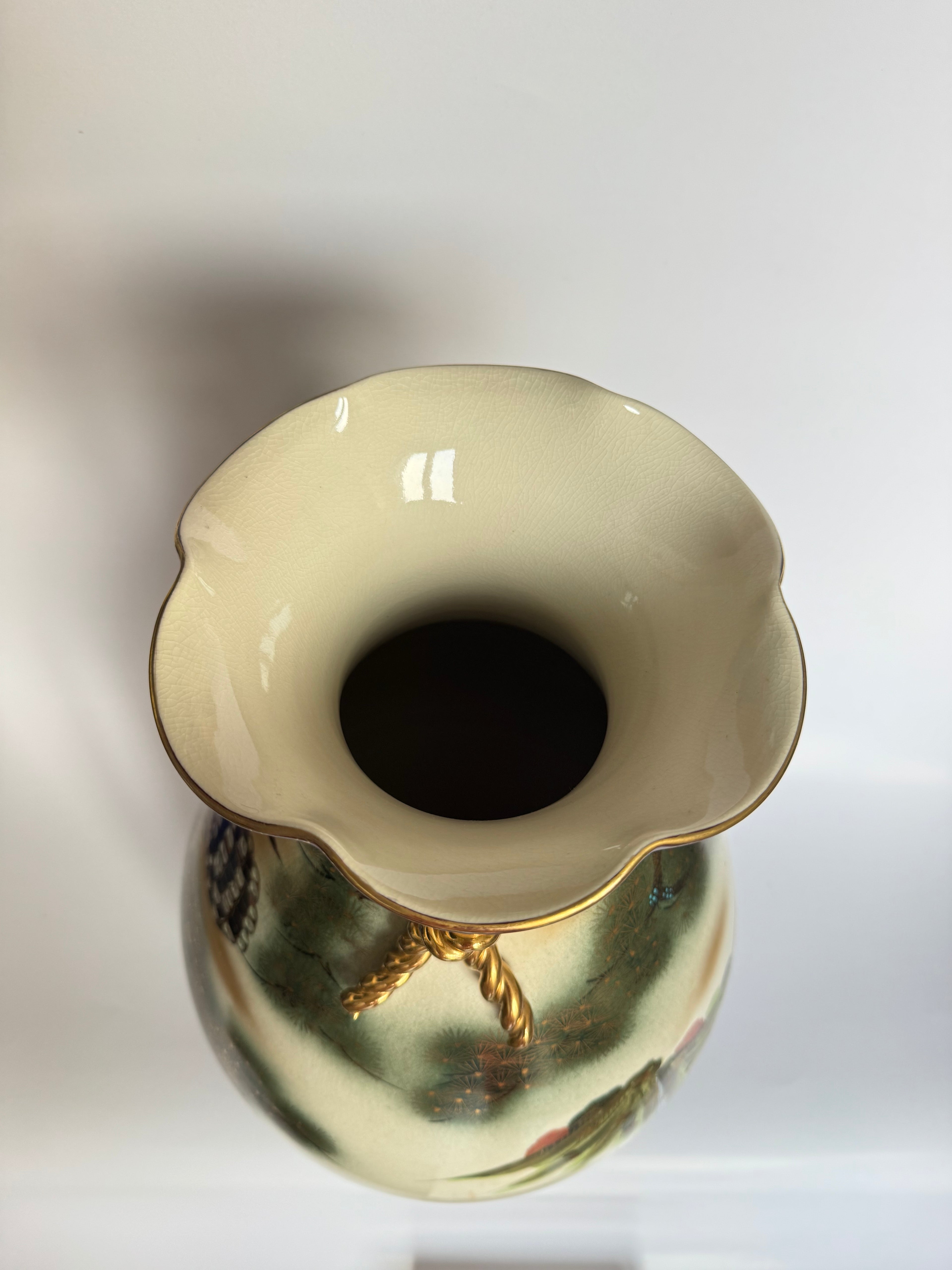Vintage Meiji Satsuma Vase – Eagle & Pagoda Landscape, Rope-Neck Bag Form, Hand-Painted Gold
