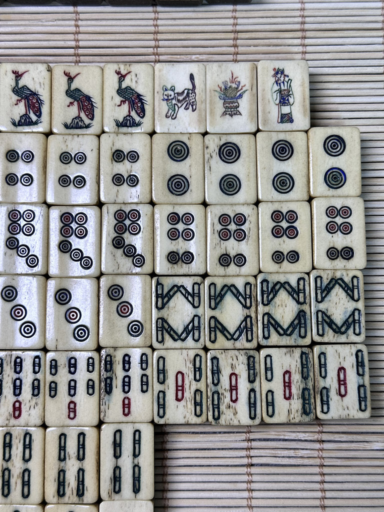 Vintage Japanese Mahjong Set, Hand-Carved Bone Tiles, Display Collectible