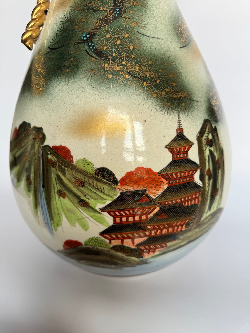 Vintage Meiji Satsuma Vase – Eagle & Pagoda Landscape, Rope-Neck Bag Form, Hand-Painted Gold