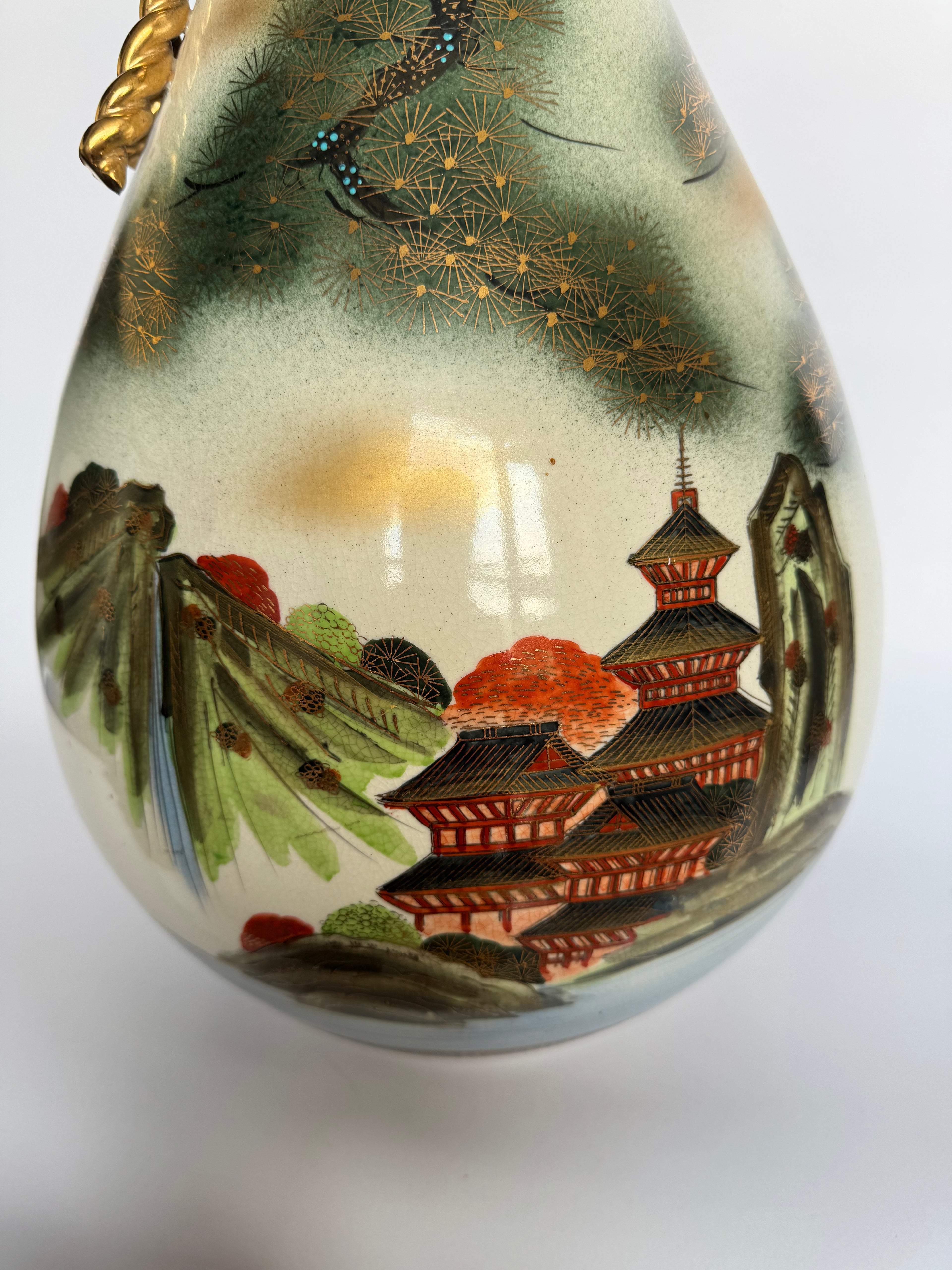 Vintage Meiji Satsuma Vase – Eagle & Pagoda Landscape, Rope-Neck Bag Form, Hand-Painted Gold