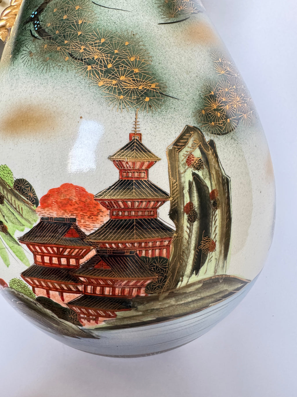 Vintage Meiji Satsuma Vase – Eagle & Pagoda Landscape, Rope-Neck Bag Form, Hand-Painted Gold