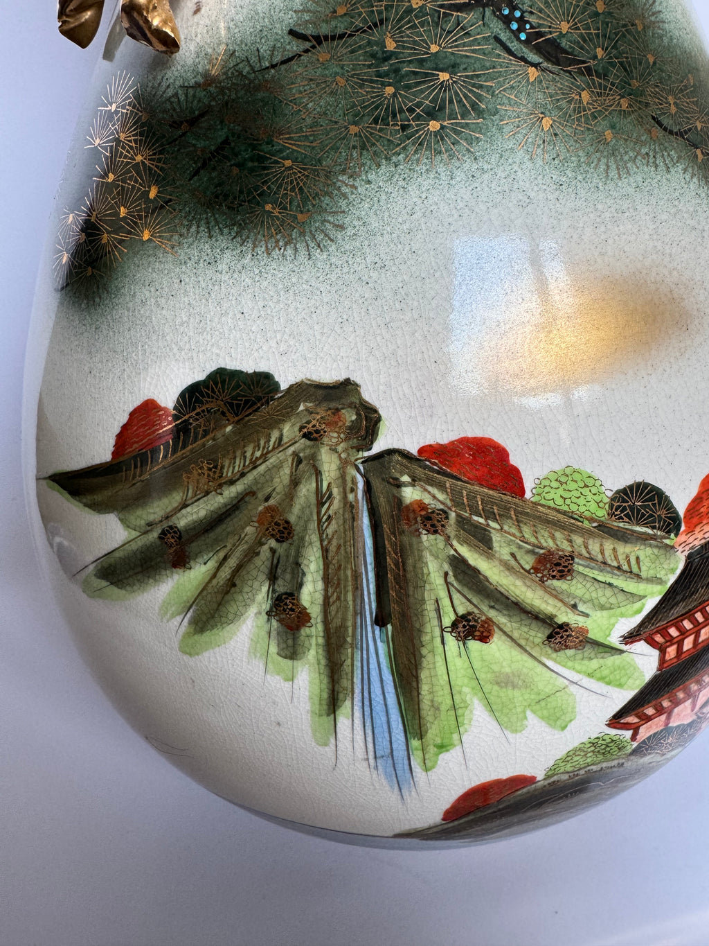 Vintage Meiji Satsuma Vase – Eagle & Pagoda Landscape, Rope-Neck Bag Form, Hand-Painted Gold