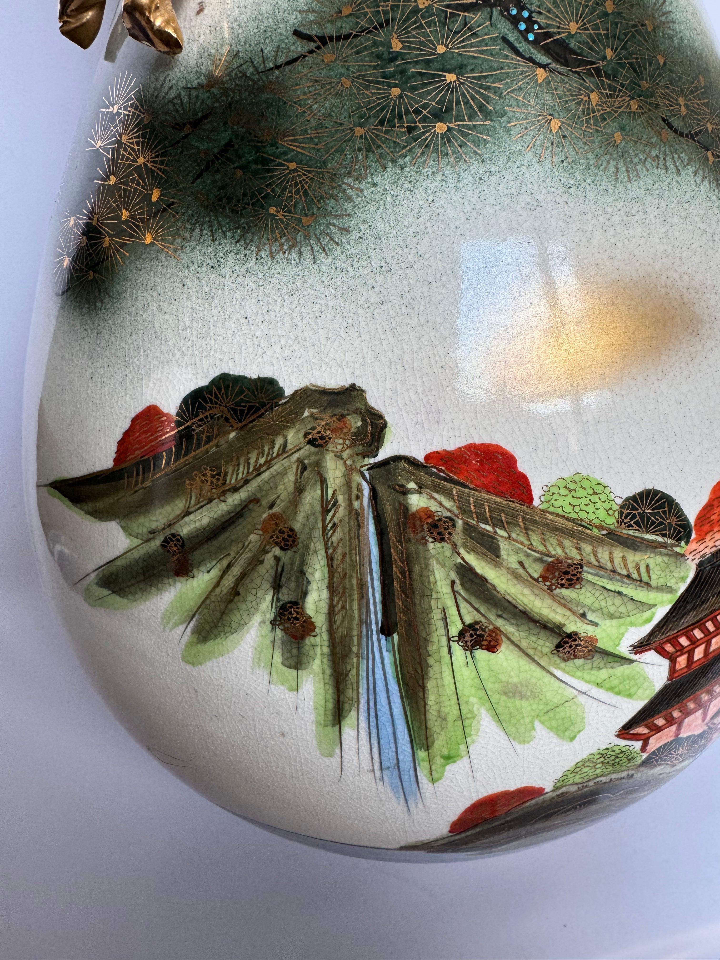 Vintage Meiji Satsuma Vase – Eagle & Pagoda Landscape, Rope-Neck Bag Form, Hand-Painted Gold