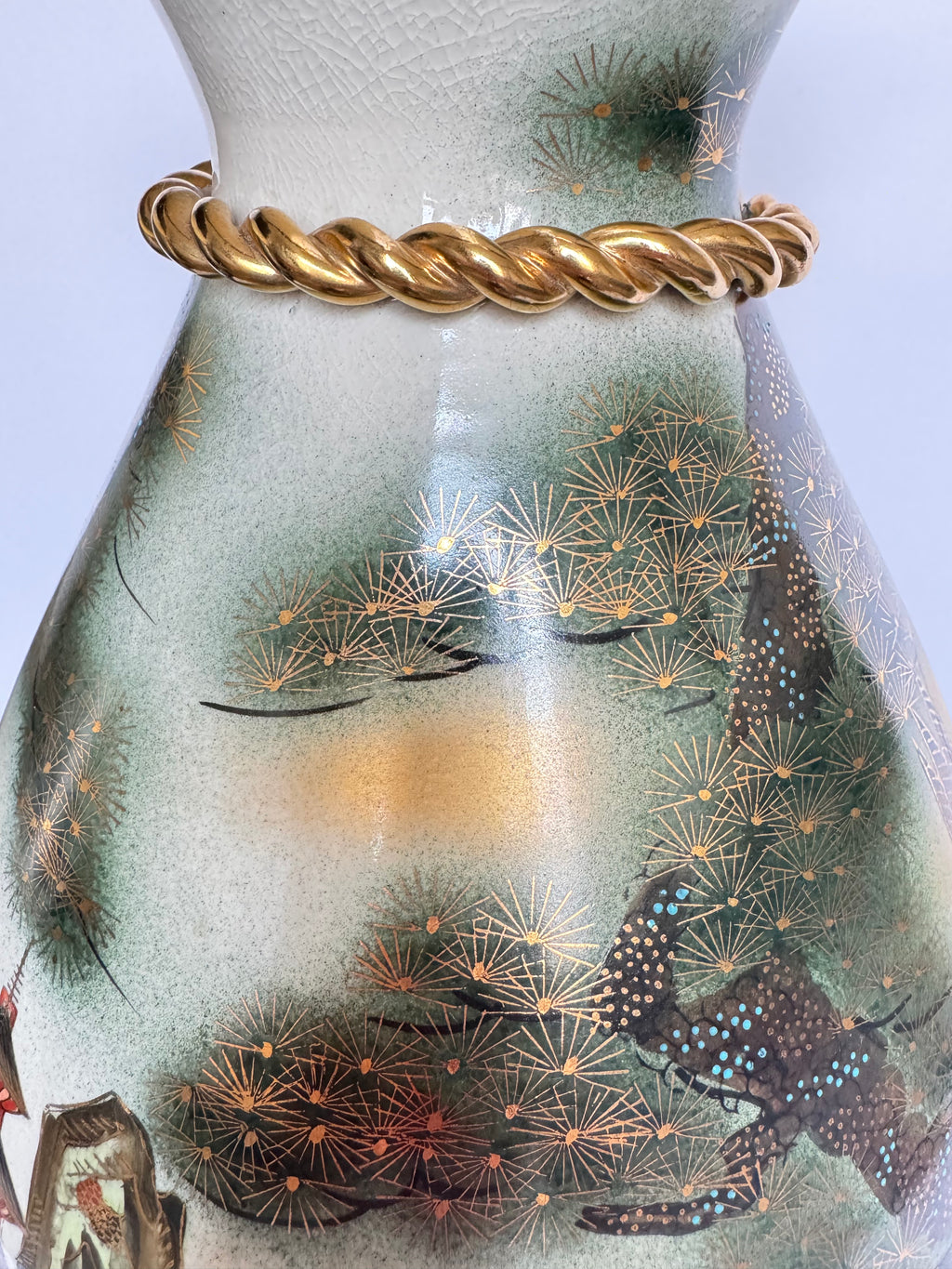 Vintage Meiji Satsuma Vase – Eagle & Pagoda Landscape, Rope-Neck Bag Form, Hand-Painted Gold