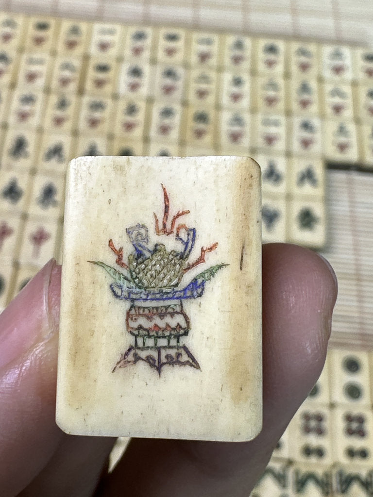 Vintage Japanese Mahjong Set, Hand-Carved Bone Tiles, Display Collectible