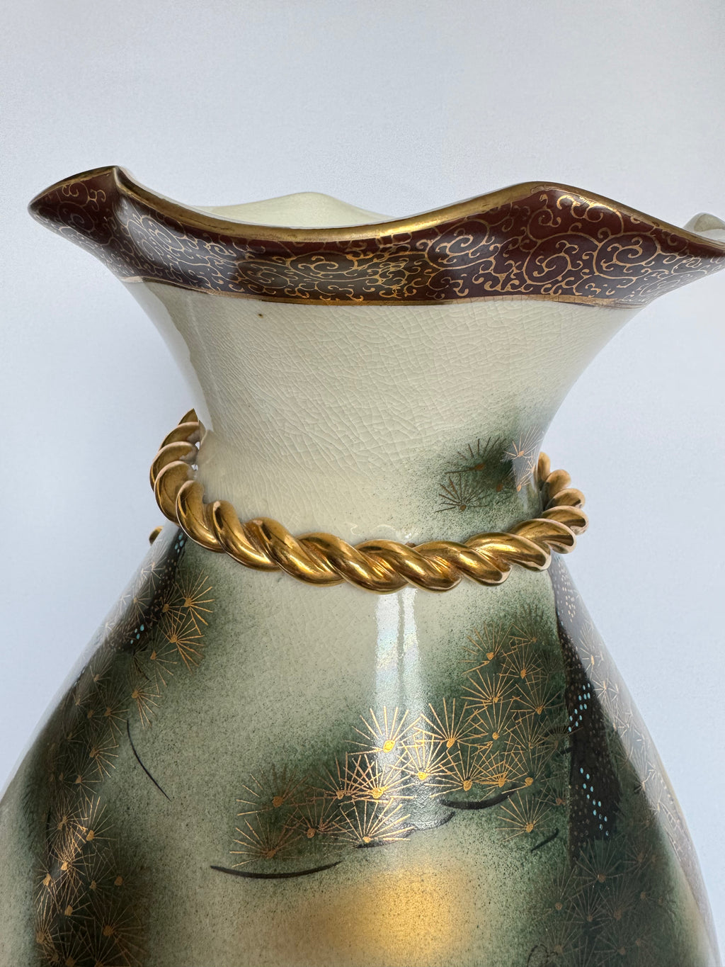 Vintage Meiji Satsuma Vase – Eagle & Pagoda Landscape, Rope-Neck Bag Form, Hand-Painted Gold