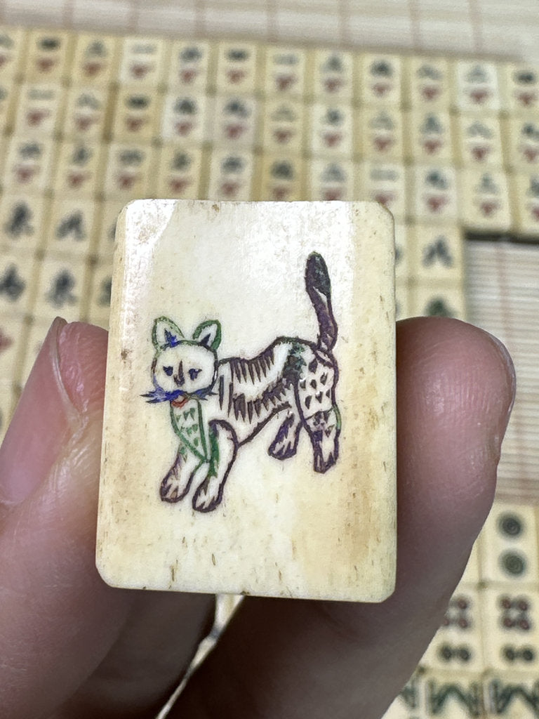 Vintage Japanese Mahjong Set, Hand-Carved Bone Tiles, Display Collectible