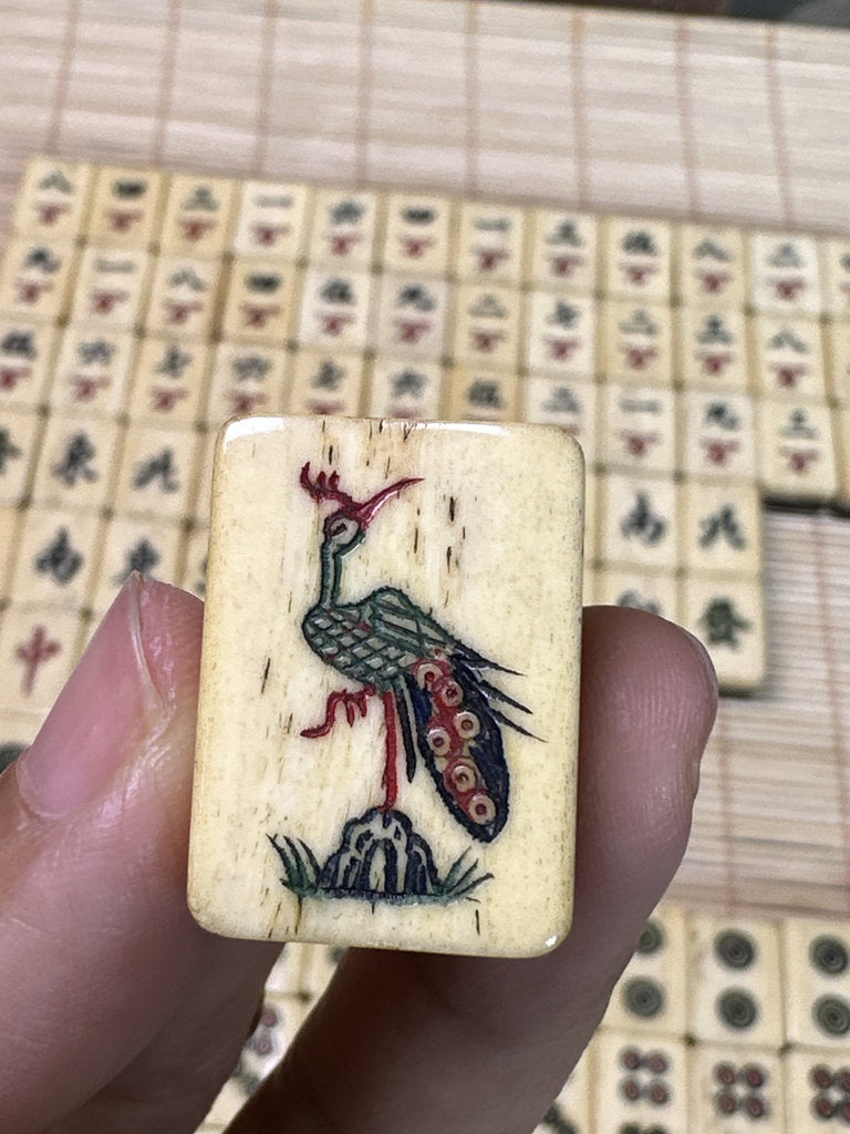 Vintage Japanese Mahjong Set, Hand-Carved Bone Tiles, Display Collectible