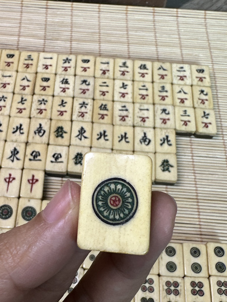 Vintage Japanese Mahjong Set, Hand-Carved Bone Tiles, Display Collectible