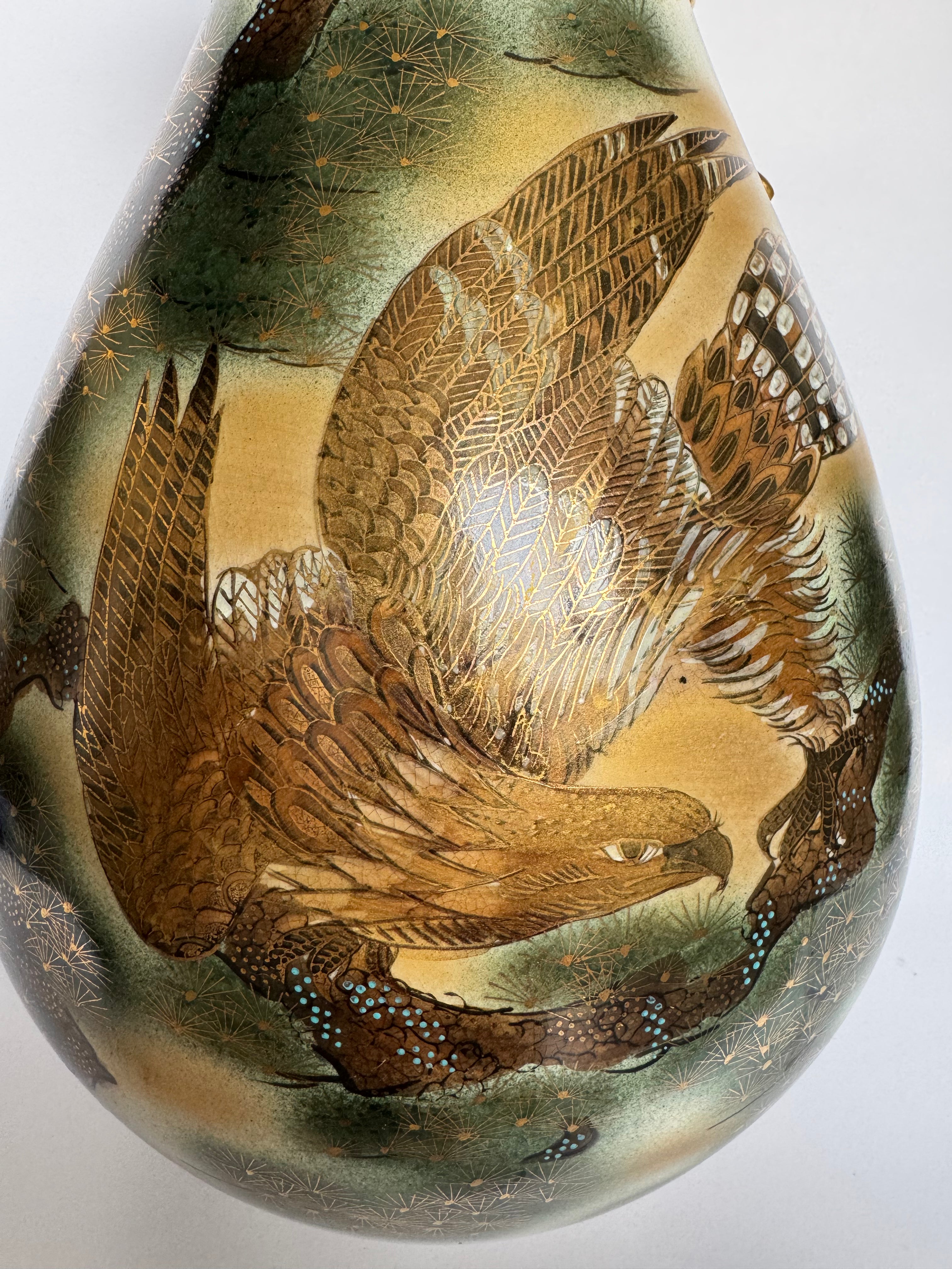 Vintage Meiji Satsuma Vase – Eagle & Pagoda Landscape, Rope-Neck Bag Form, Hand-Painted Gold