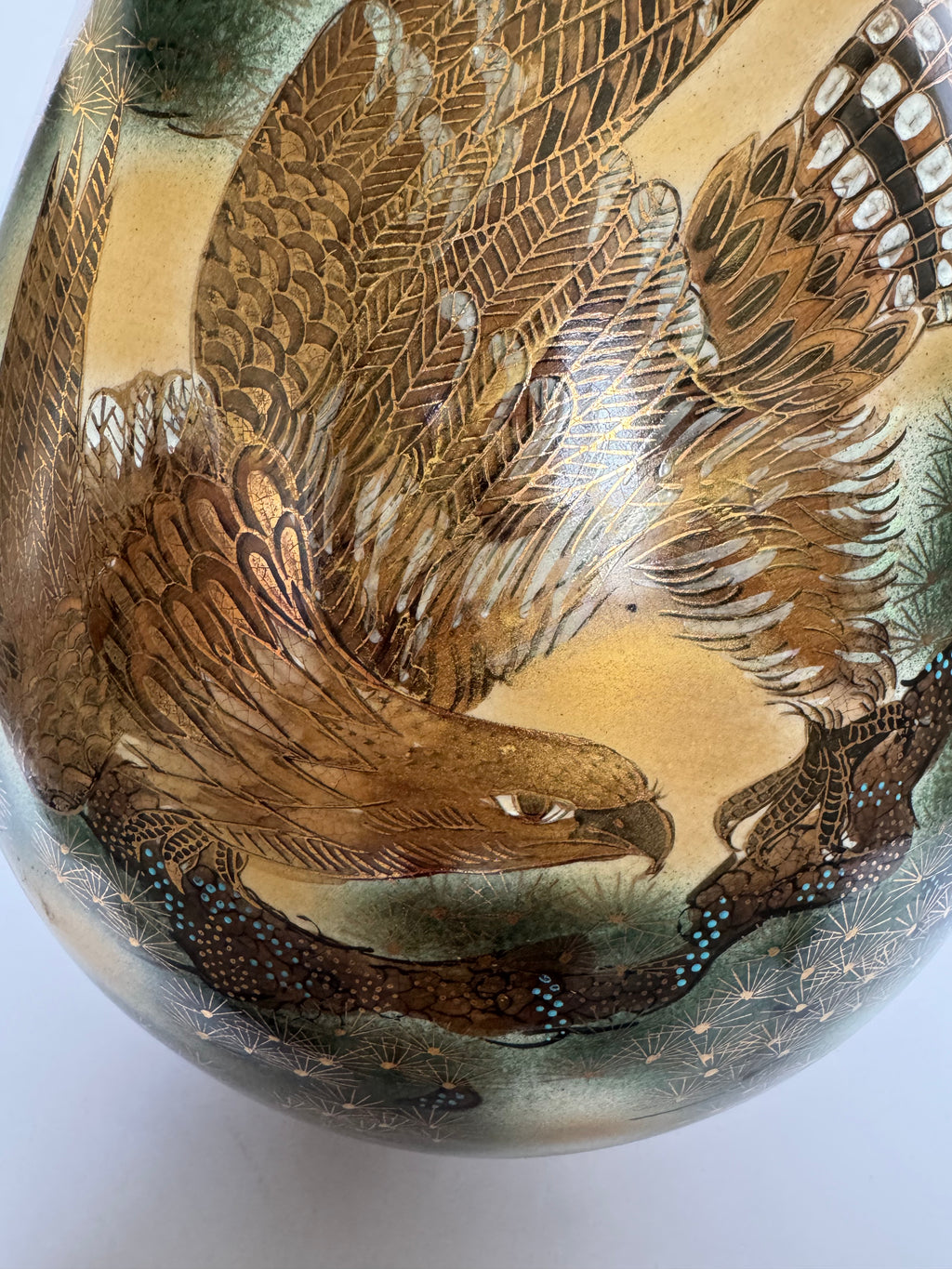 Vintage Meiji Satsuma Vase – Eagle & Pagoda Landscape, Rope-Neck Bag Form, Hand-Painted Gold