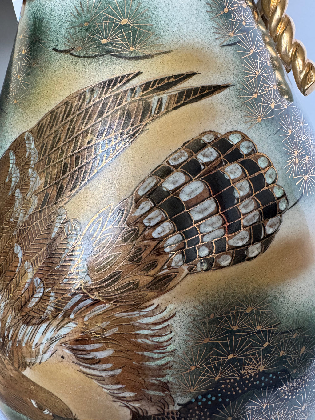 Vintage Meiji Satsuma Vase – Eagle & Pagoda Landscape, Rope-Neck Bag Form, Hand-Painted Gold