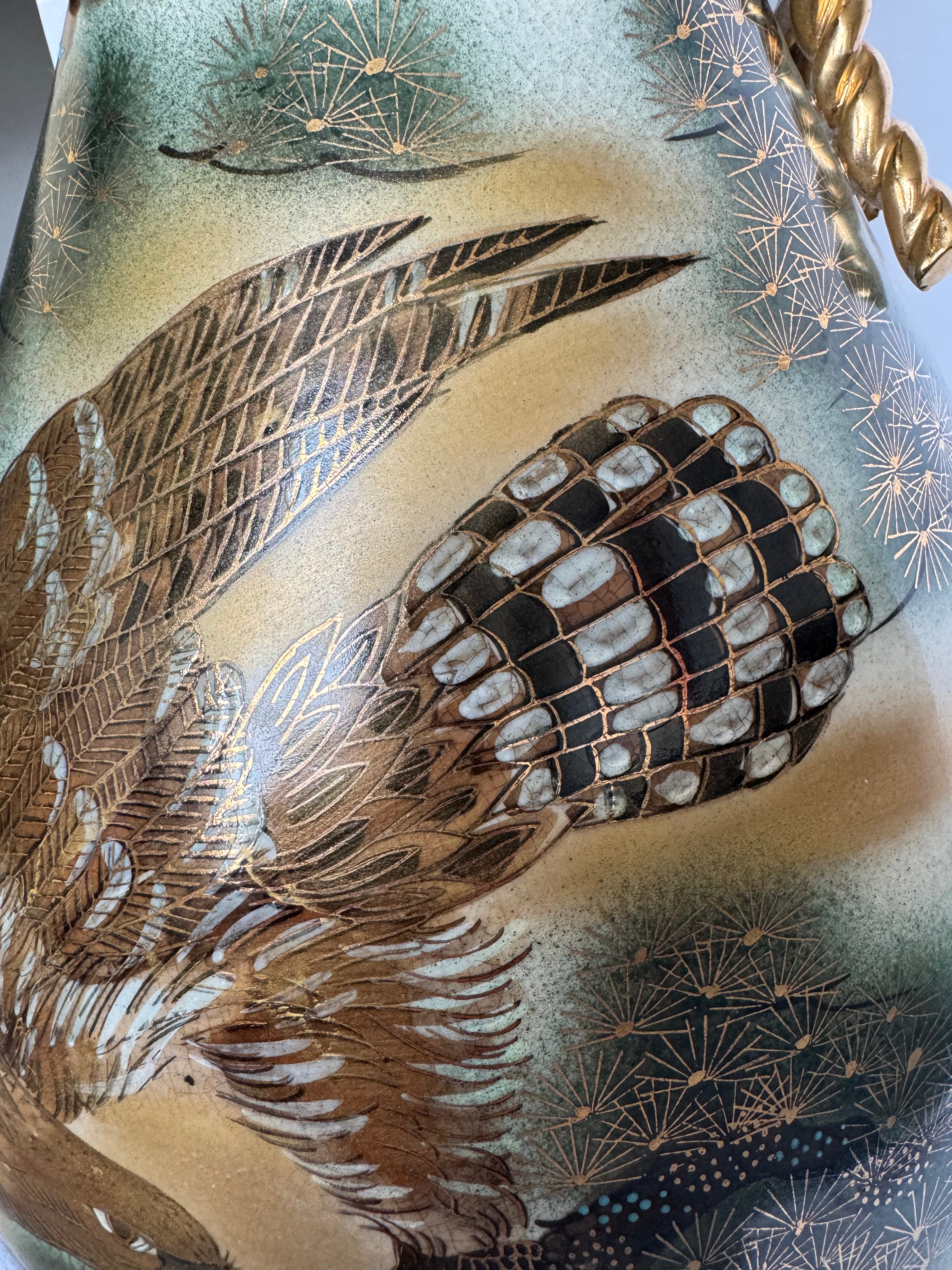 Vintage Meiji Satsuma Vase – Eagle & Pagoda Landscape, Rope-Neck Bag Form, Hand-Painted Gold