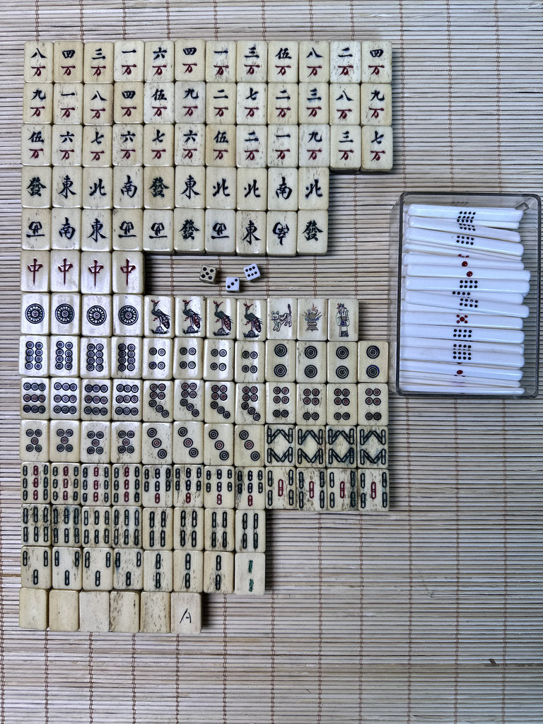 Vintage Japanese Mahjong Set, Hand-Carved Bone Tiles, Display Collectible