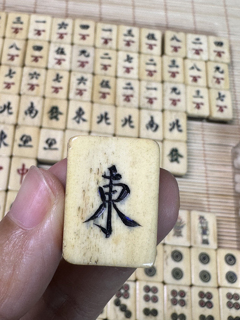 Vintage Japanese Mahjong Set, Hand-Carved Bone Tiles, Display Collectible