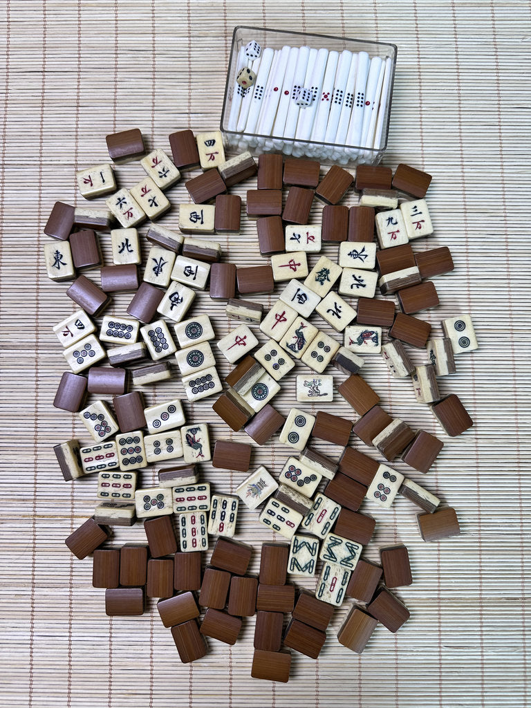 Vintage Japanese Mahjong Set, Hand-Carved Bone Tiles, Display Collectible
