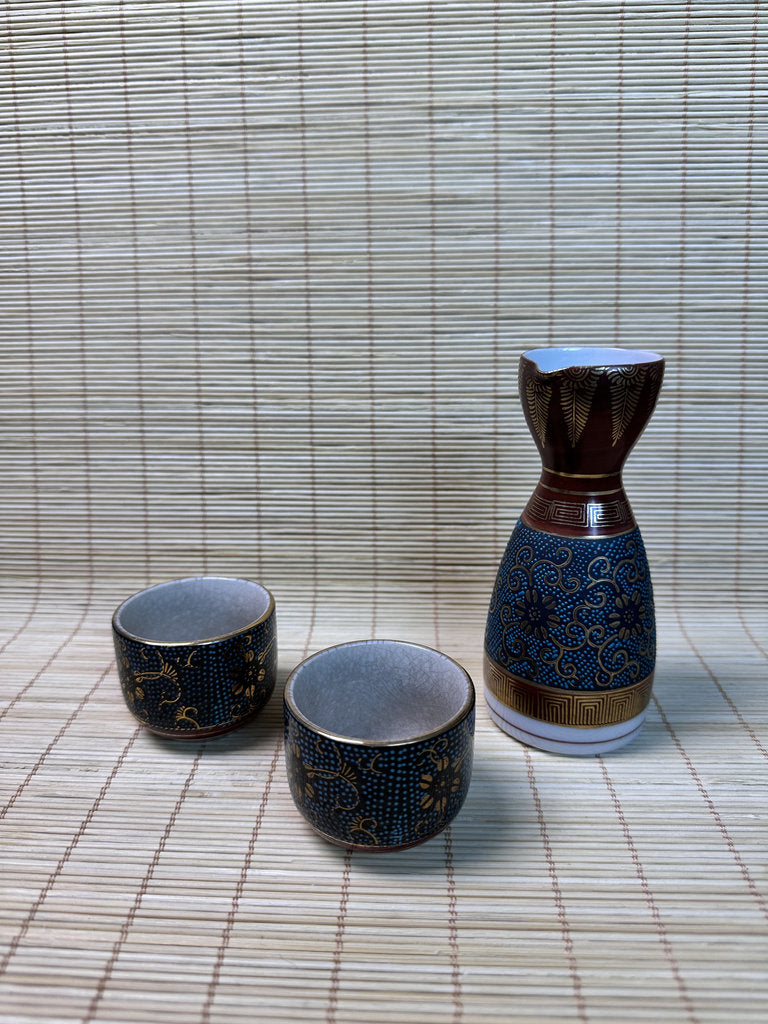 Vintage Kutani Sake Set, Blue and Gold Brocade Design, Tokkuri and Cups