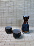 Vintage Kutani Sake Set, Blue and Gold Brocade Design, Tokkuri and Cups