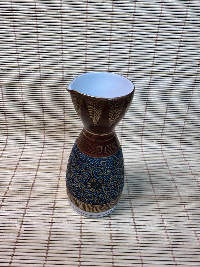 Vintage Kutani Sake Set, Blue and Gold Brocade Design, Tokkuri and Cups